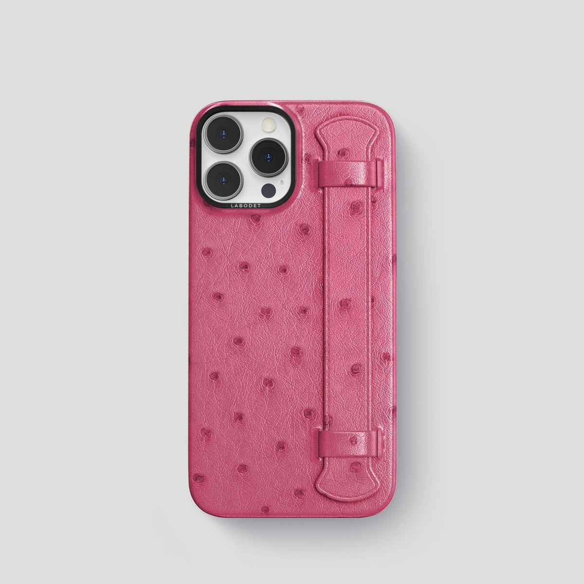 Petal Pink iPhone 13 Pro Handle Case Ostrich with Black Metal -1 | Petal-Pink-Black