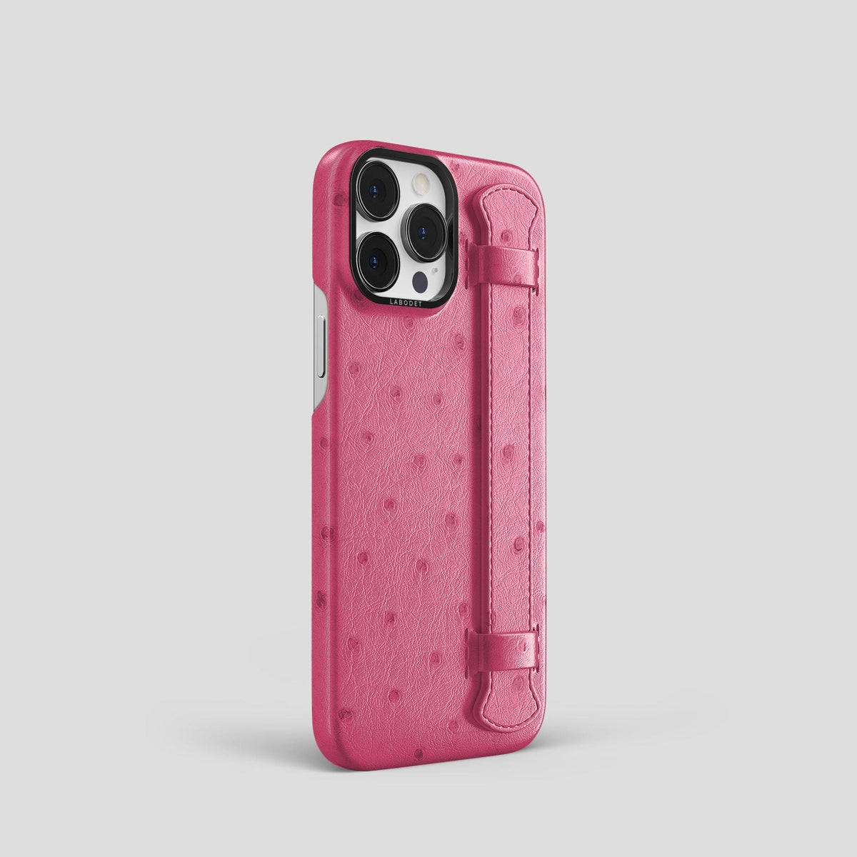 Petal Pink iPhone 13 Pro Handle Case Ostrich with Black Metal -2 | Petal-Pink-Black