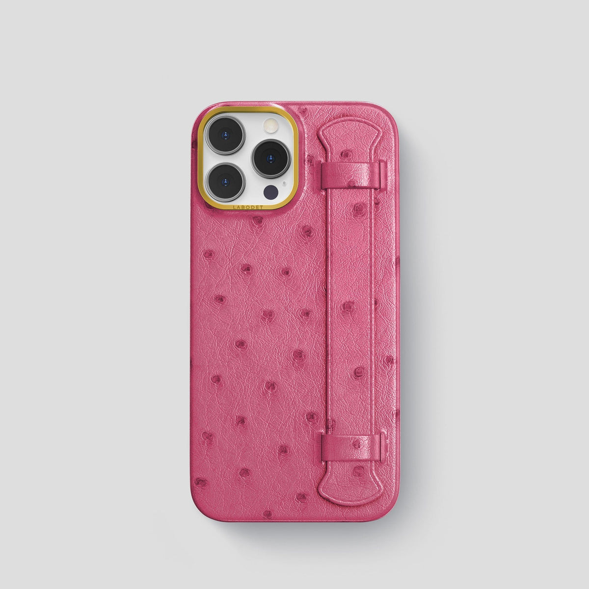 Petal Pink iPhone 13 Pro Handle Case Ostrich with Gold Metal -1 | Petal-Pink-Gold