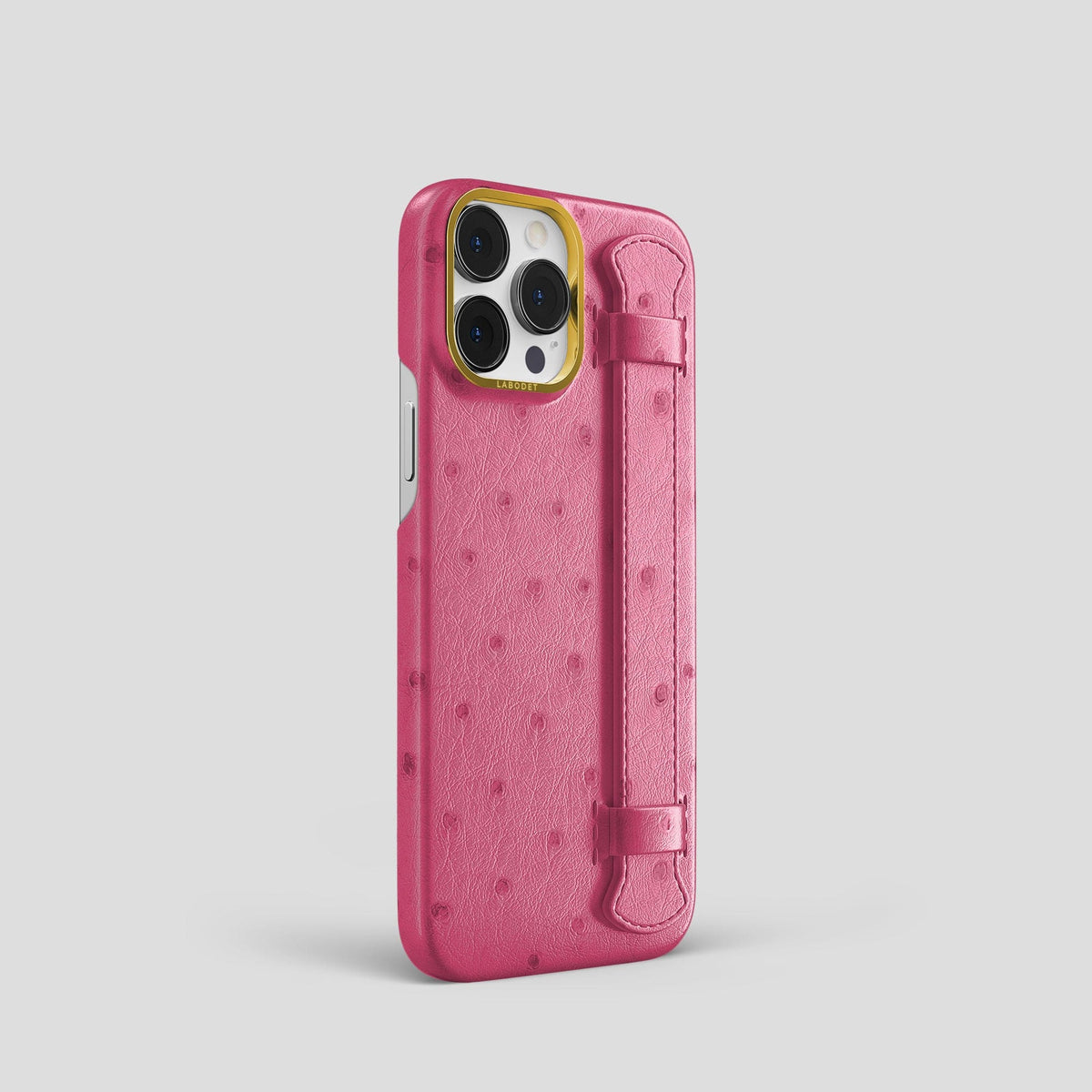 Petal Pink iPhone 13 Pro Handle Case Ostrich with Gold Metal -2 | Petal-Pink-Gold