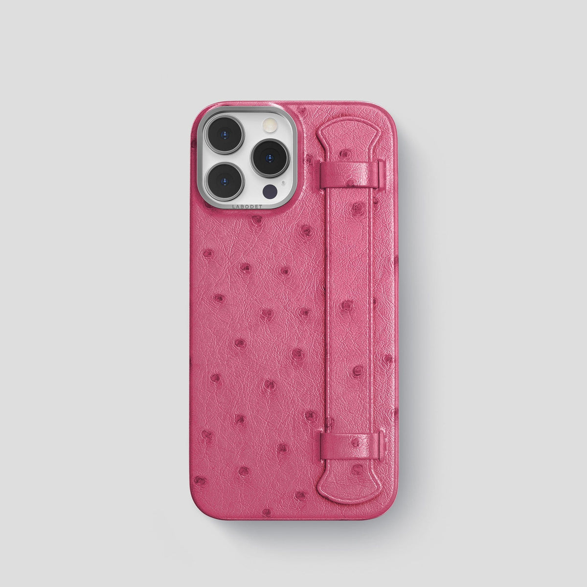 Petal Pink iPhone 13 Pro Handle Case Ostrich with Steel Metal -1 | Petal-Pink-Steel