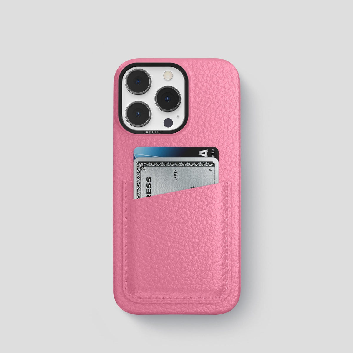Pink iPhone 13 Pro Card Case Calf with Black Metal -1 | Pink-Black