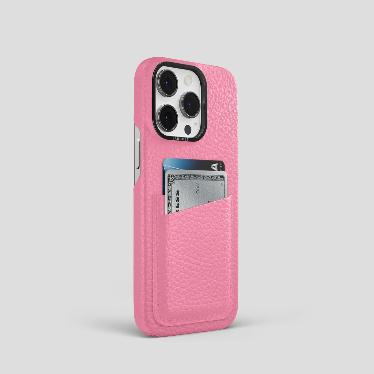 Pink iPhone 13 Pro Card Case Calf with Black Metal -2 | Pink-Black