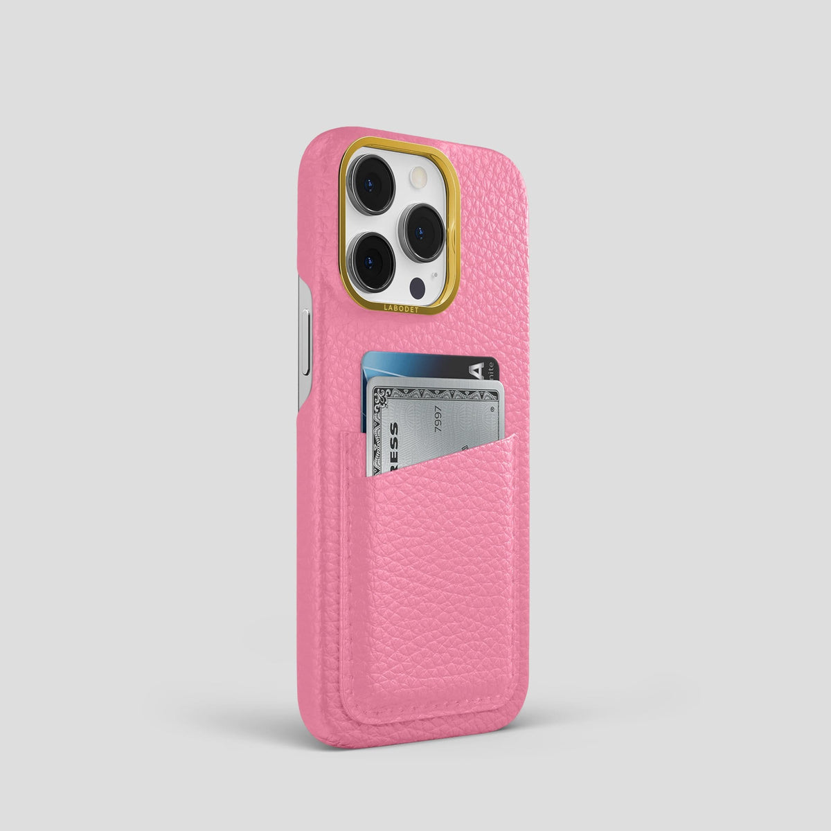 Pink iPhone 13 Pro Card Case Calf with Gold Metal -2 | Pink-Gold