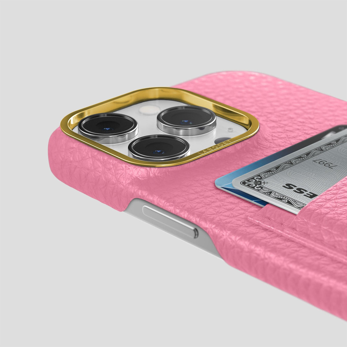 Pink iPhone 13 Pro Card Case Calf with Gold Metal -5 | Pink-Gold