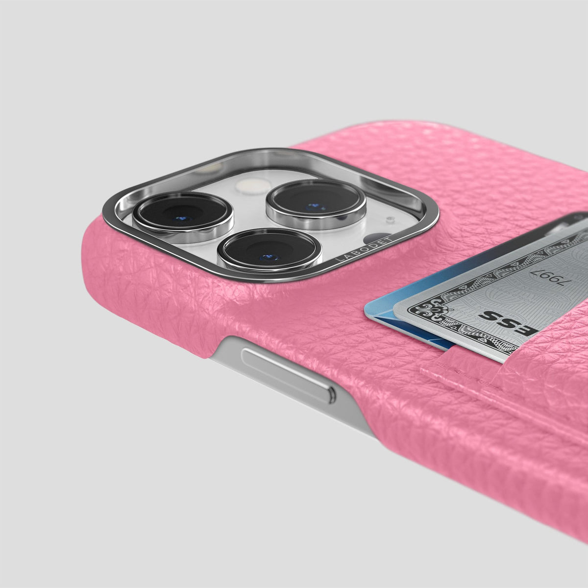 Pink iPhone 13 Pro Card Case Calf with Steel Metal -5 | Pink-Steel