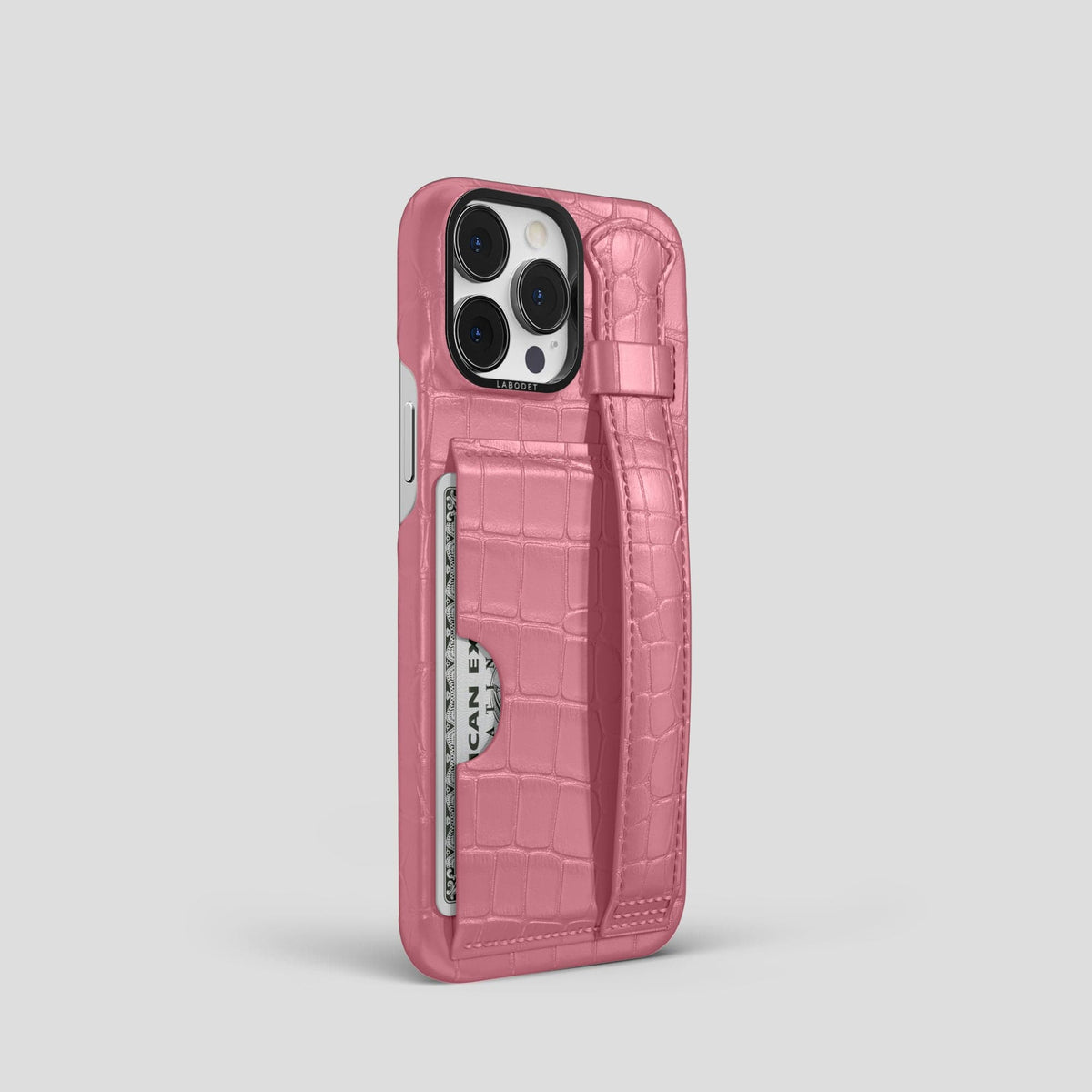 Pink iPhone 13 Pro Cardholder Strap Case Alligator with Black Metal -2 | Pink-Black