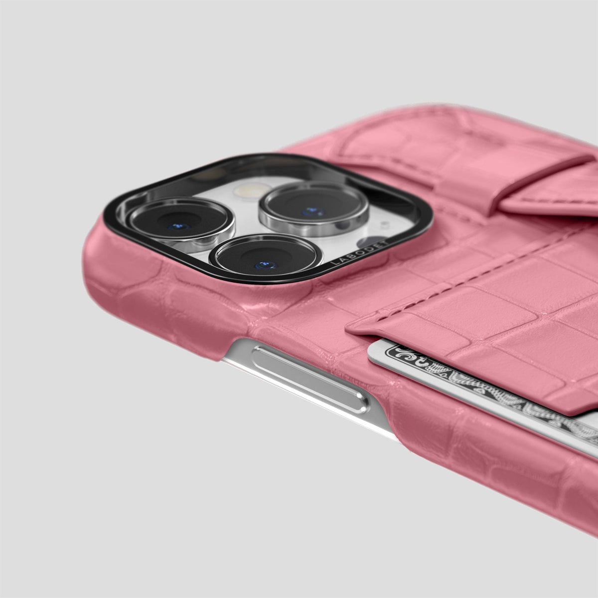 Pink iPhone 13 Pro Cardholder Strap Case Alligator with Black Metal -5 | Pink-Black