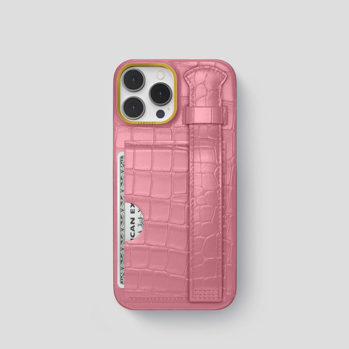 Pink iPhone 13 Pro Cardholder Strap Case Alligator with Gold Metal -1 | Pink-Gold