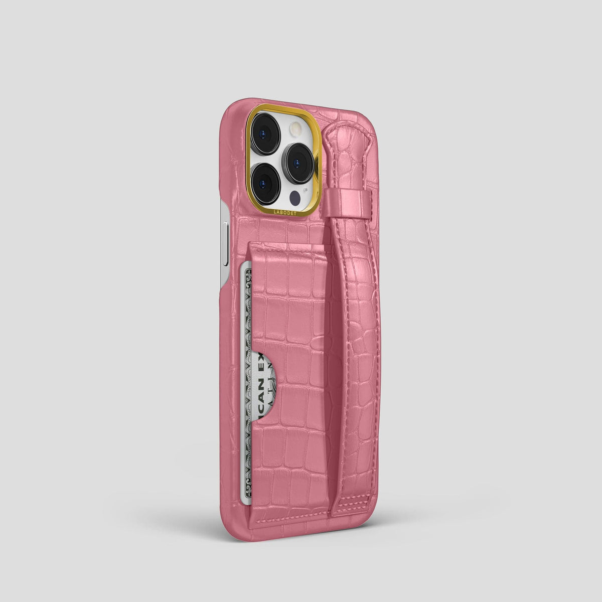 Pink iPhone 13 Pro Cardholder Strap Case Alligator with Gold Metal -2 | Pink-Gold