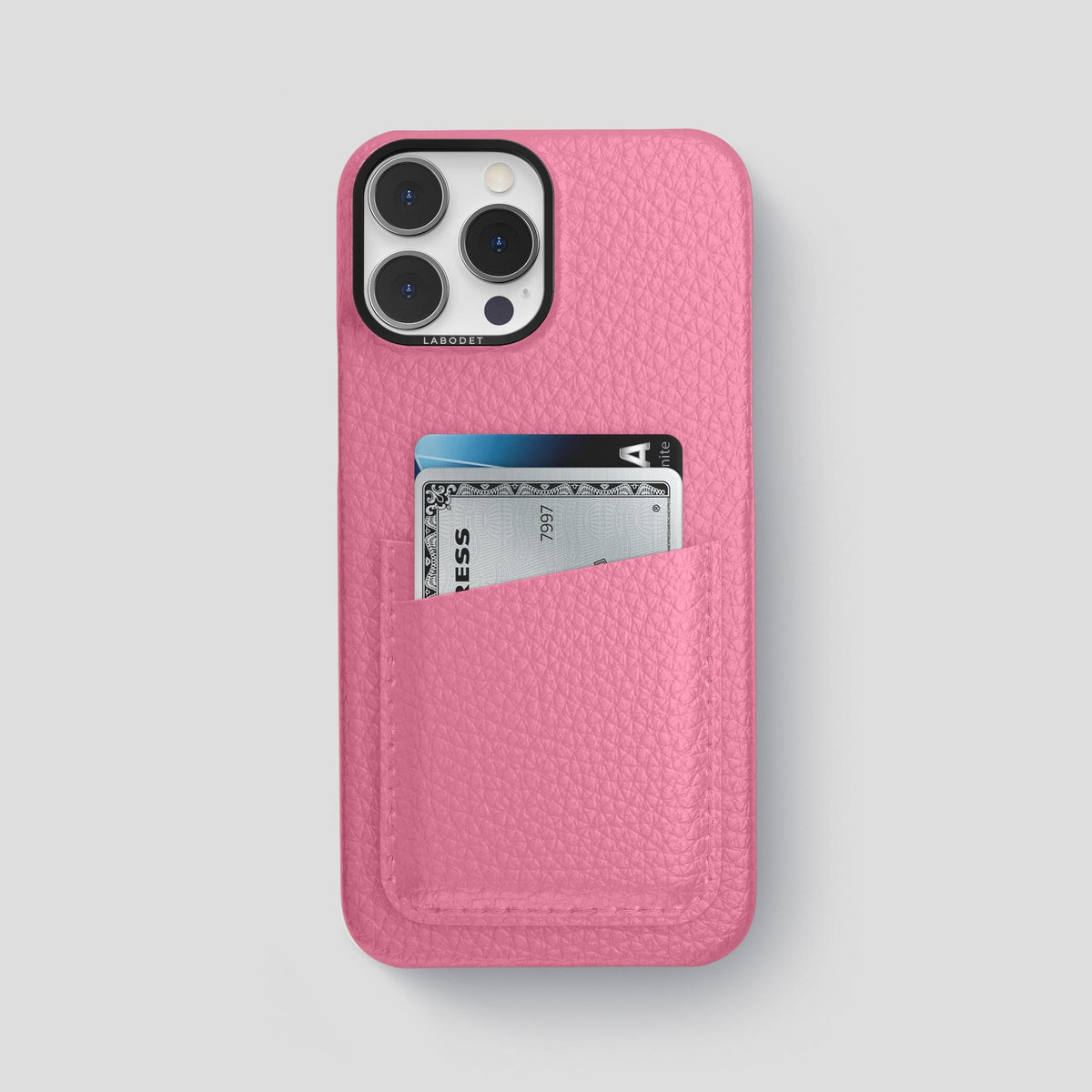 Pink iPhone 13 Pro Max Card Case Calf with Black Metal -1 | Pink-Black
