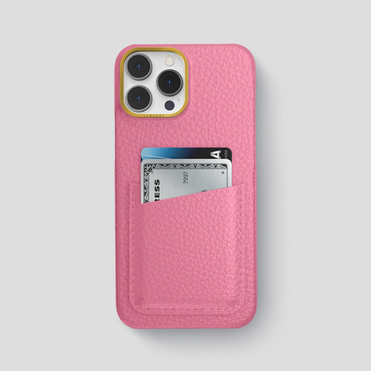 Pink iPhone 13 Pro Max Card Case Calf with Gold Metal -1 | Pink-Gold