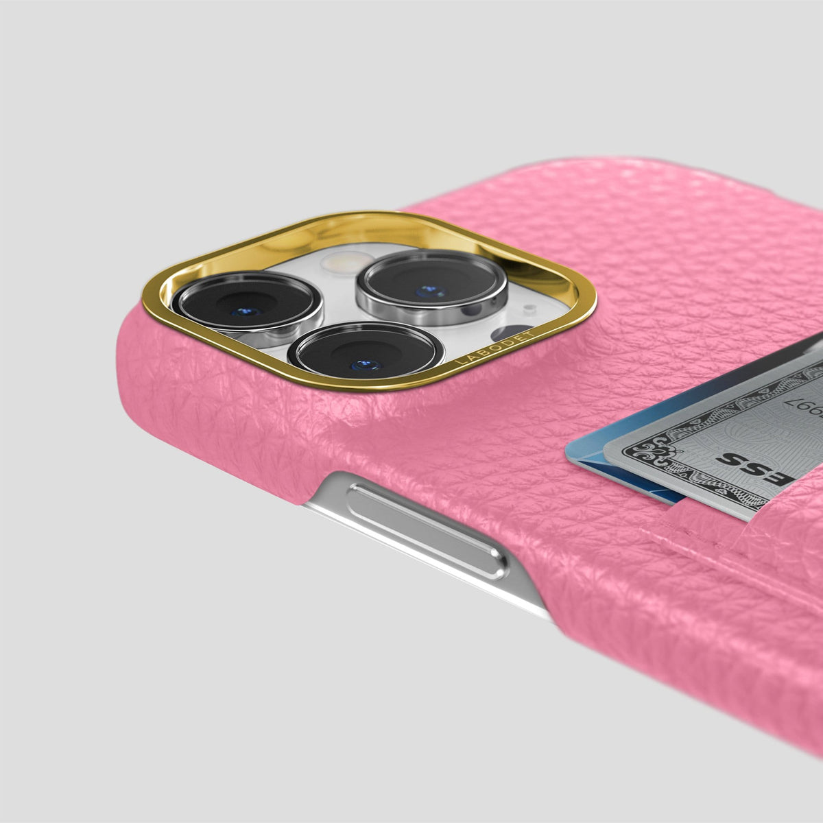 Pink iPhone 13 Pro Max Card Case Calf with Gold Metal -5 | Pink-Gold