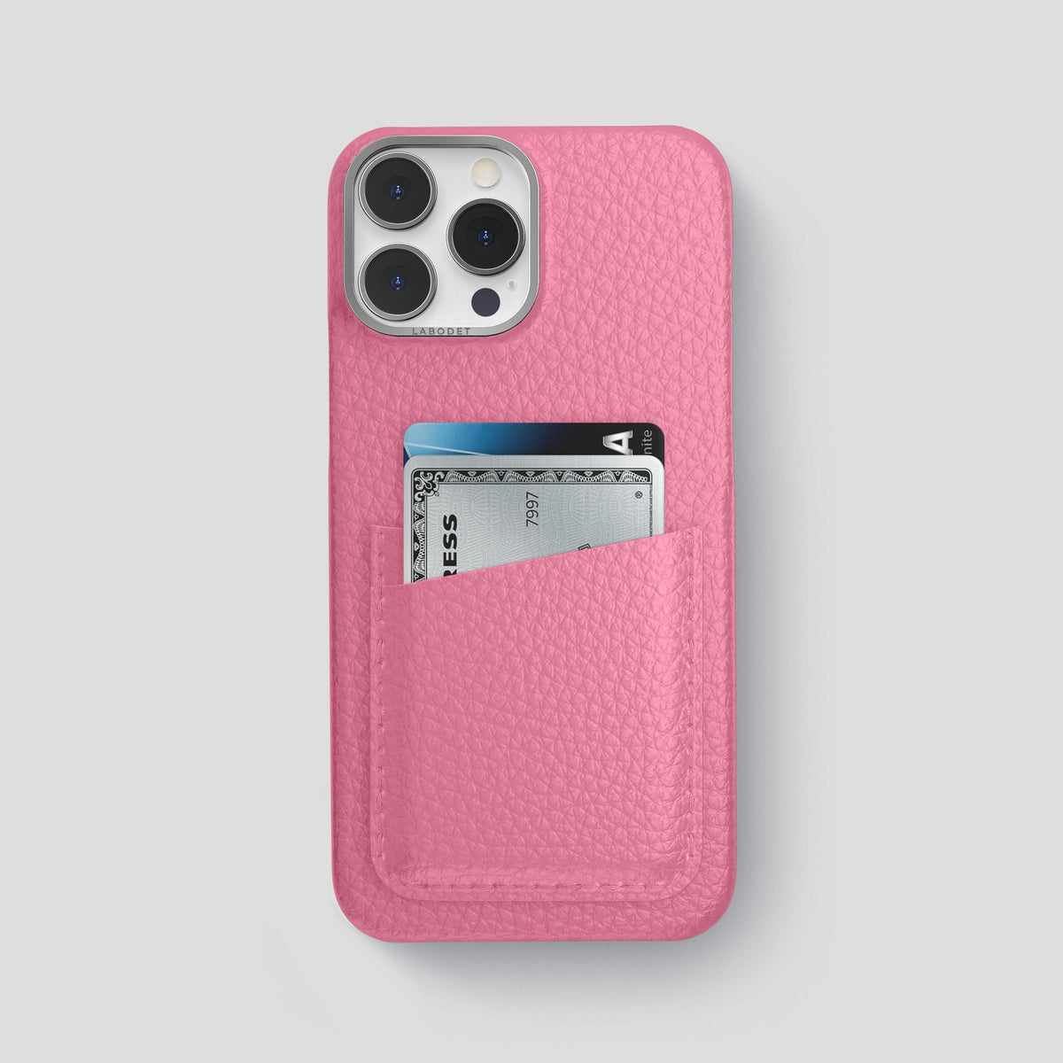 Pink iPhone 13 Pro Max Card Case Calf with Steel Metal -1 | Pink-Steel