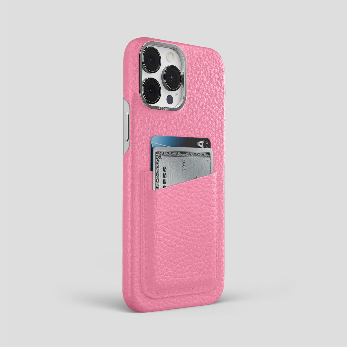 Pink iPhone 13 Pro Max Card Case Calf with Steel Metal -2 | Pink-Steel