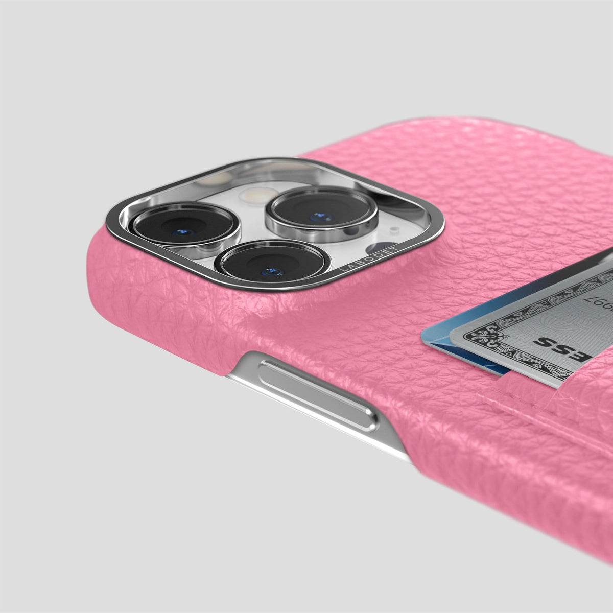 Pink iPhone 13 Pro Max Card Case Calf with Steel Metal -5 | Pink-Steel