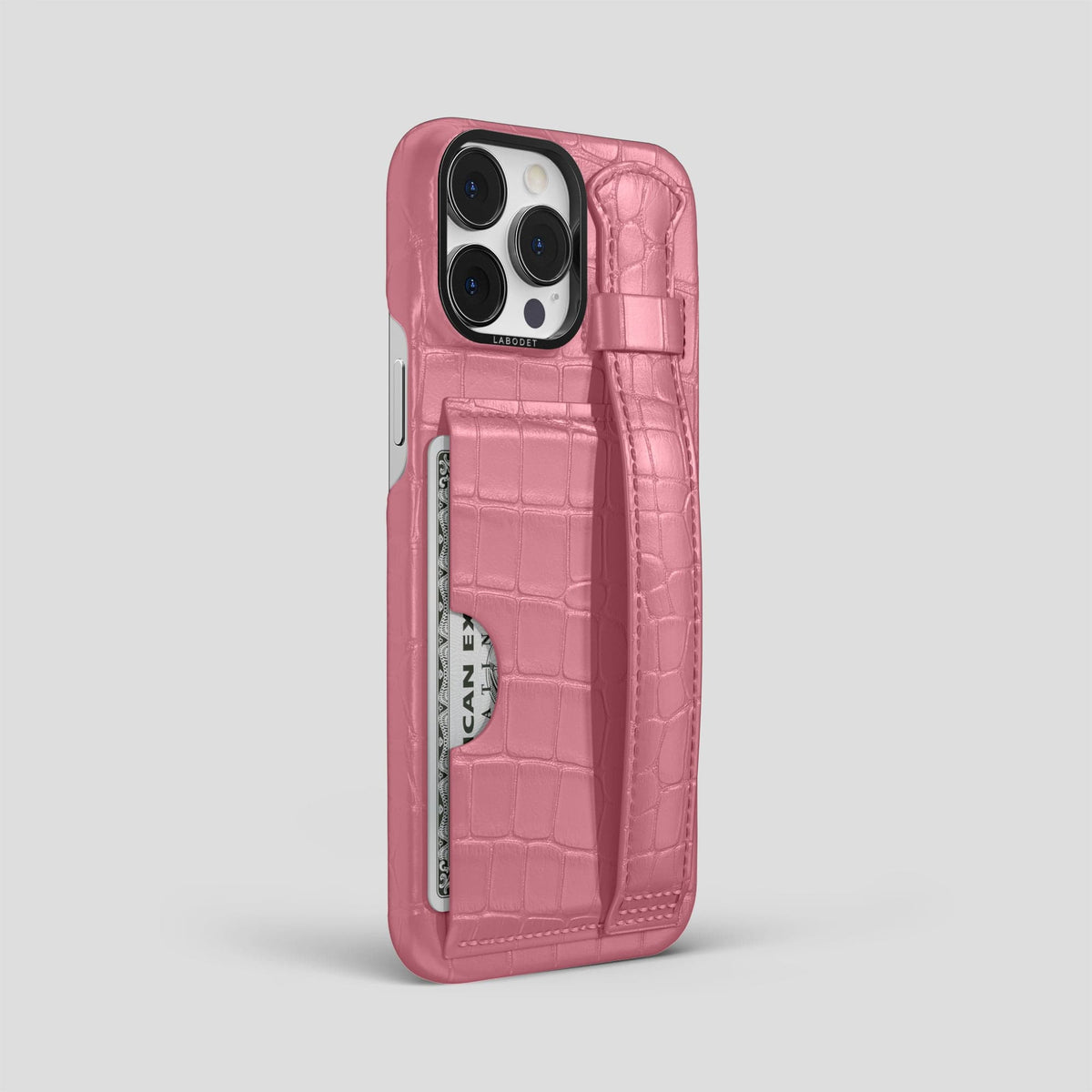 Pink iPhone 13 Pro Max Cardholder Strap Case Alligator with Black Metal -2 | Pink-Black