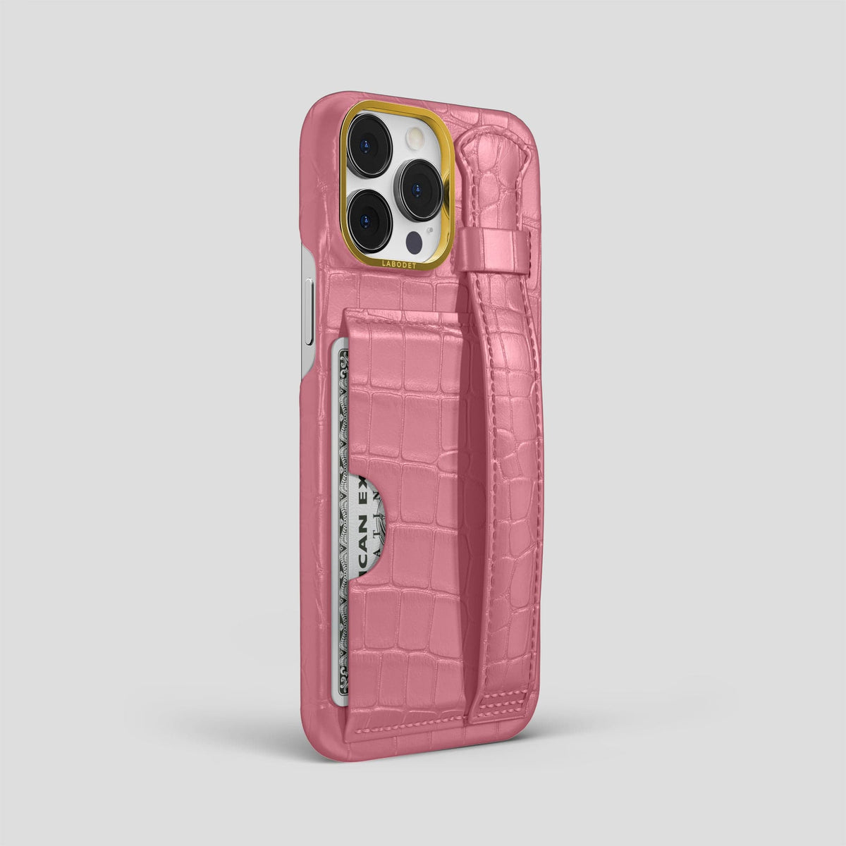 Pink iPhone 13 Pro Max Cardholder Strap Case Alligator with Gold Metal -2 | Pink-Gold