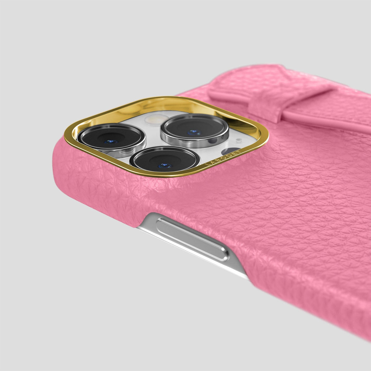 Pink iPhone 13 Pro Max Strap Case Calf with Gold Metal -6 | Pink-Gold