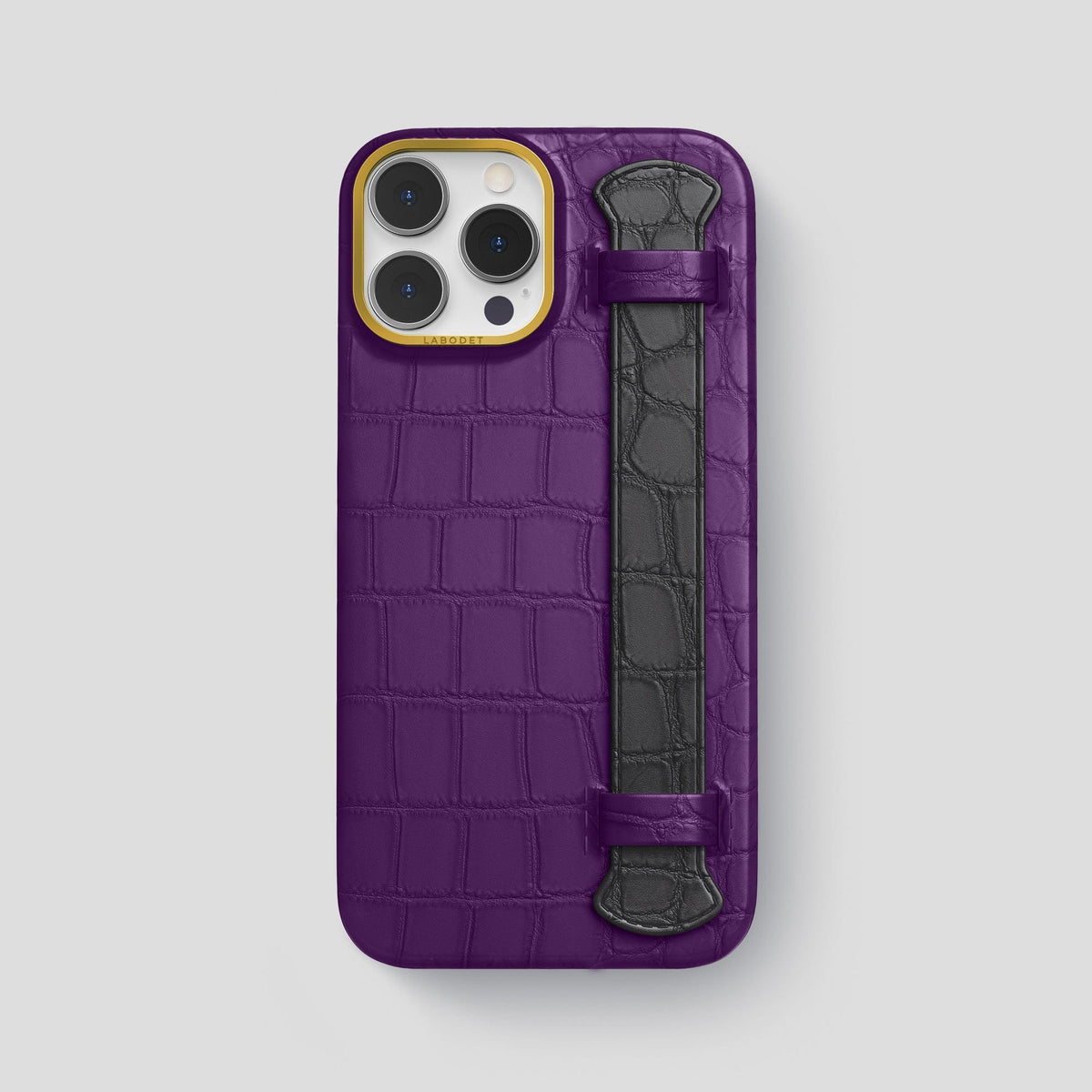Purple-Grey iPhone 13 Pro Max Strap Case Alligator with Gold Metal -1 | Purple-Grey-Gold