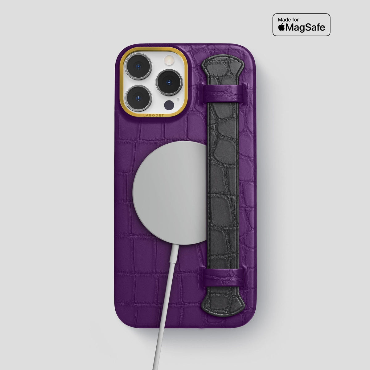 Purple-Grey iPhone 13 Pro Max Strap Case Alligator with Gold Metal -4 | Purple-Grey-Gold