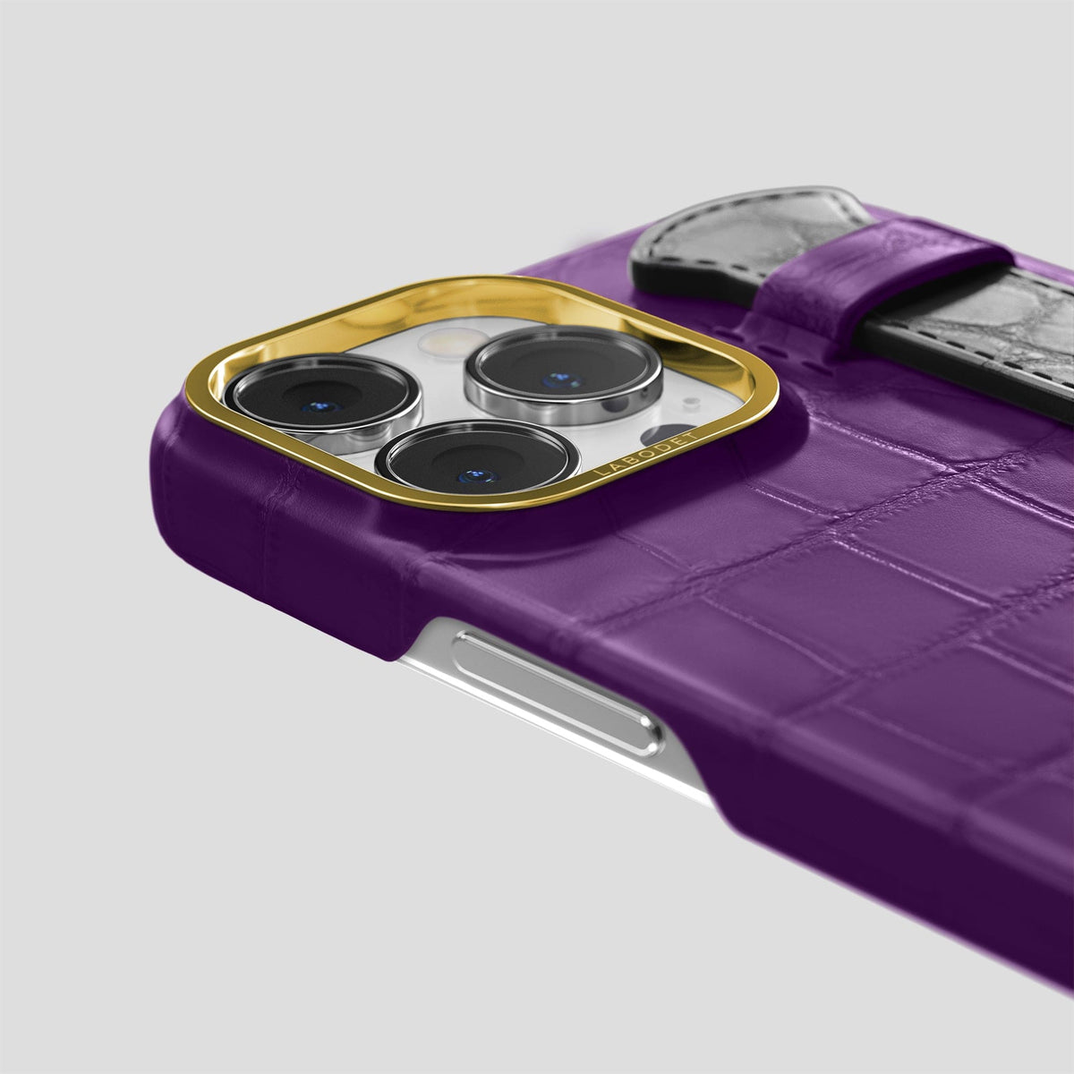 Purple-Grey iPhone 13 Pro Max Strap Case Alligator with Gold Metal -5 | Purple-Grey-Gold