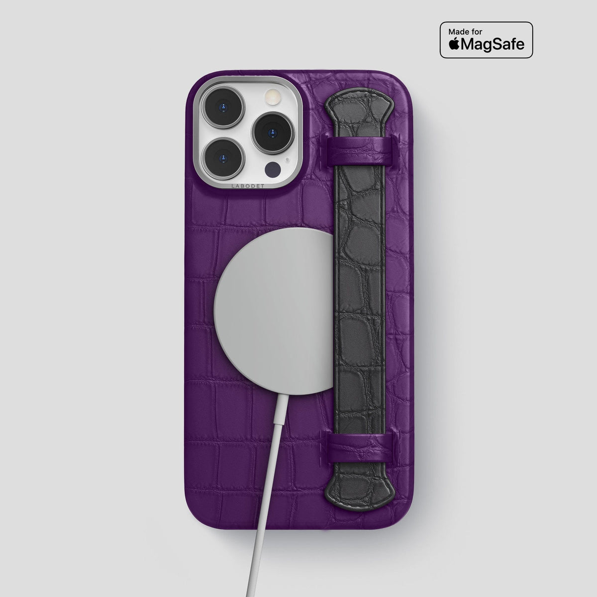 Purple-Grey iPhone 13 Pro Max Strap Case Alligator with Steel Metal -4 | Purple-Grey-Steel