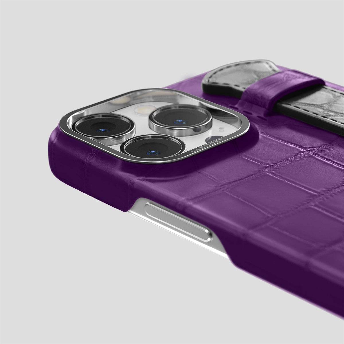 Purple-Grey iPhone 13 Pro Max Strap Case Alligator with Steel Metal -5 | Purple-Grey-Steel