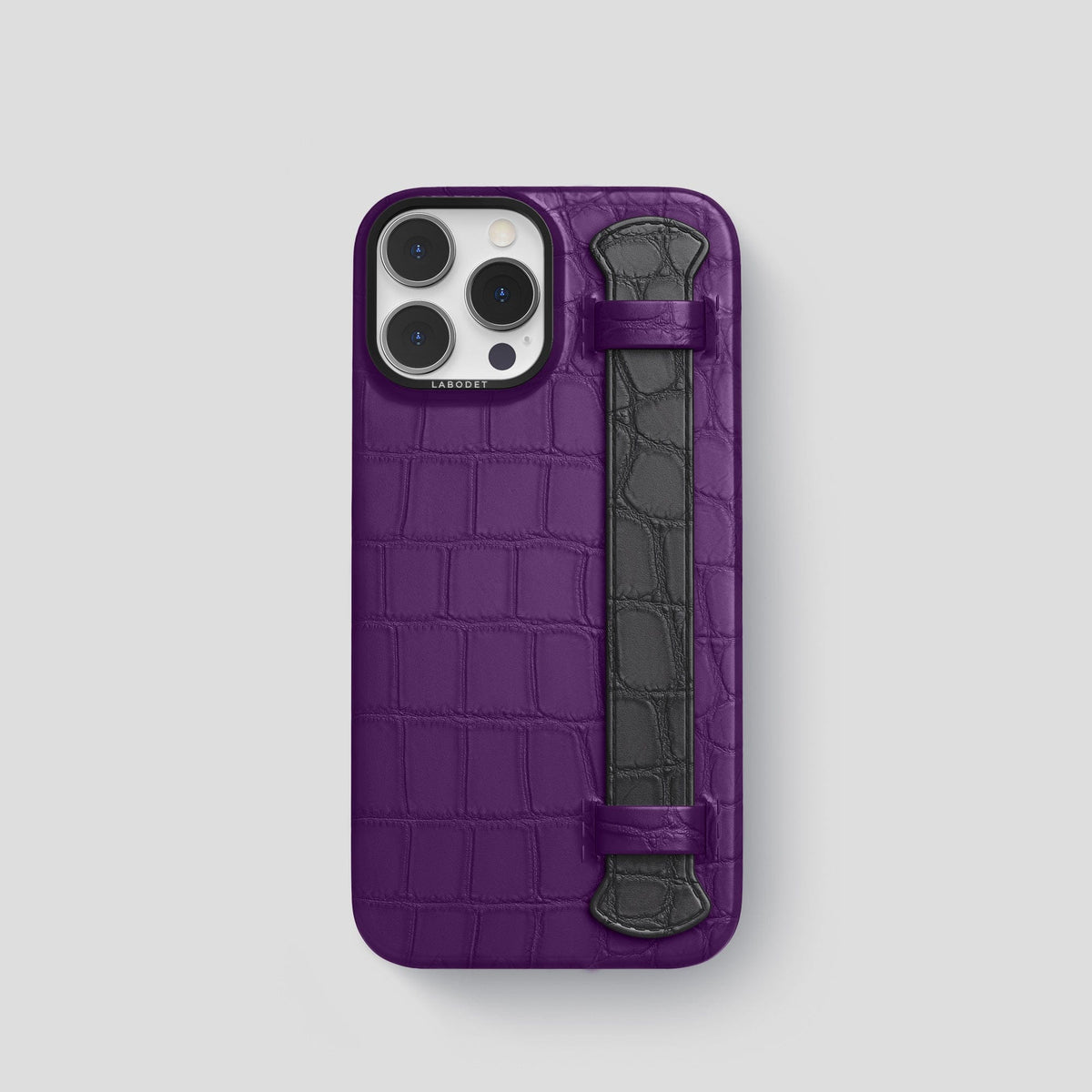 Purple-Grey iPhone 13 Pro Strap Case Alligator with Black Metal -1 | Purple-Grey-Black