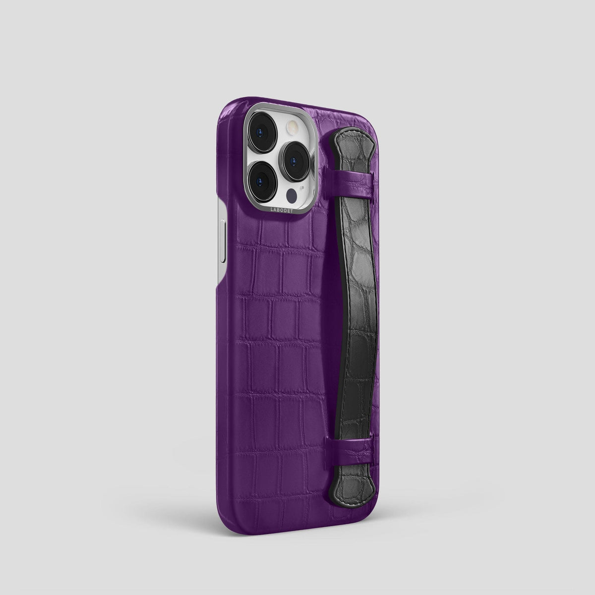 Purple-Grey iPhone 13 Pro Strap Case Alligator with Steel Metal -2 | Purple-Grey-Steel