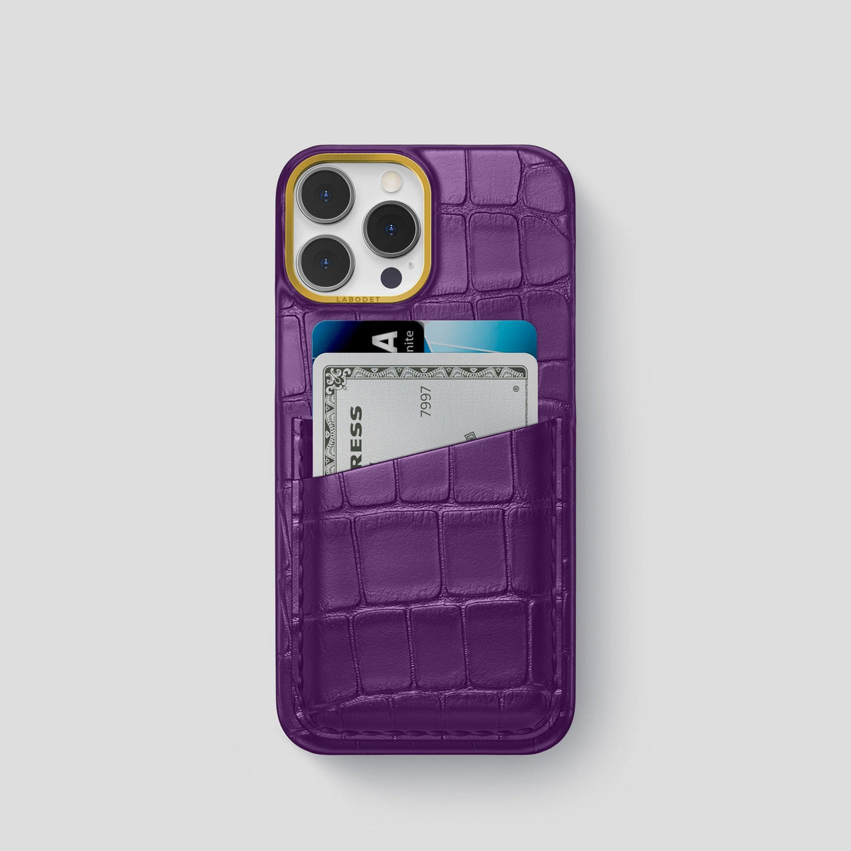 Purple iPhone 13 Pro Card Case Alligator with Gold Metal -1 | Purple-Gold