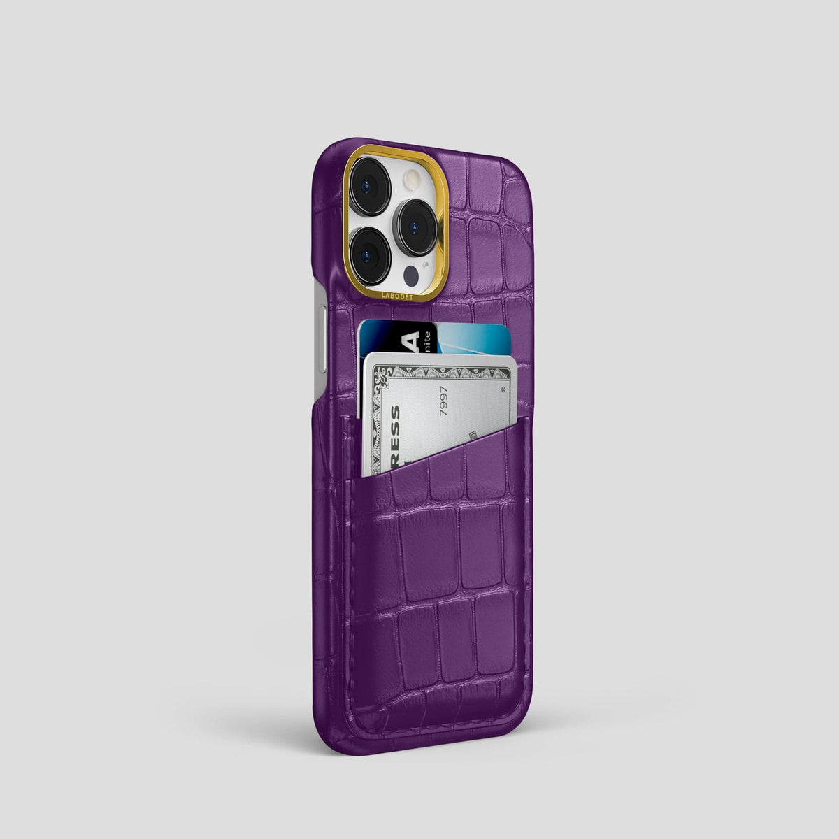 Purple iPhone 13 Pro Card Case Alligator with Gold Metal -2 | Purple-Gold