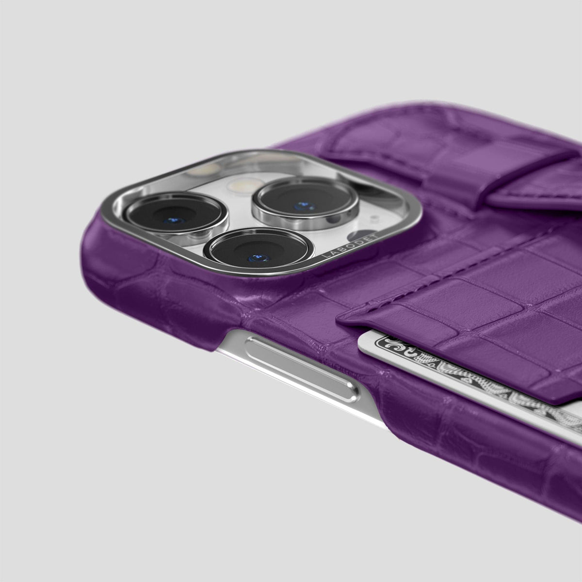 Purple iPhone 13 Pro Cardholder Strap Case Alligator with Steel Metal -5 | Purple-Steel