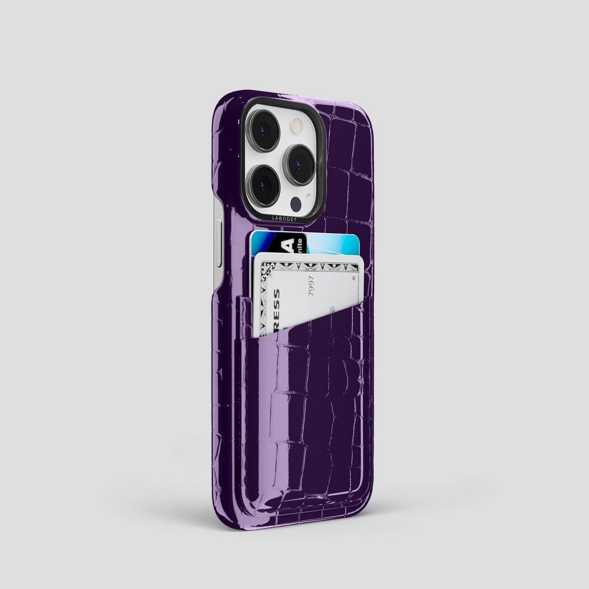 Purple iPhone 13 Pro Double Card Case Shiny Alligator with Black Metal -2 | Purple-Black