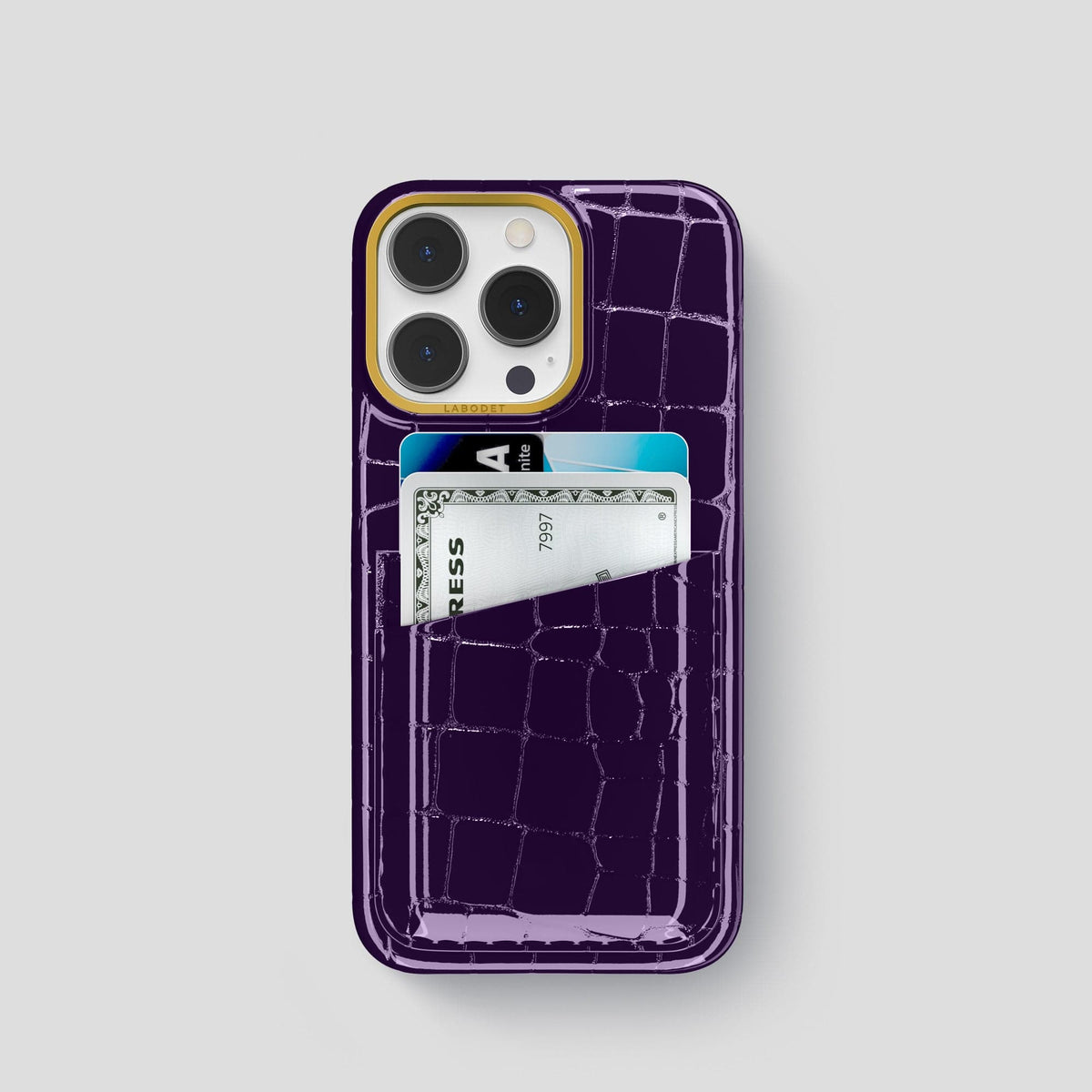 Purple iPhone 13 Pro Double Card Case Shiny Alligator with Gold Metal -1 | Purple-Gold