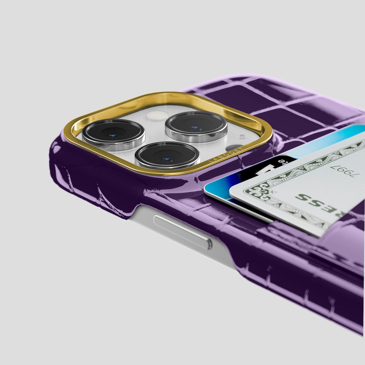 Purple iPhone 13 Pro Double Card Case Shiny Alligator with Gold Metal -5 | Purple-Gold