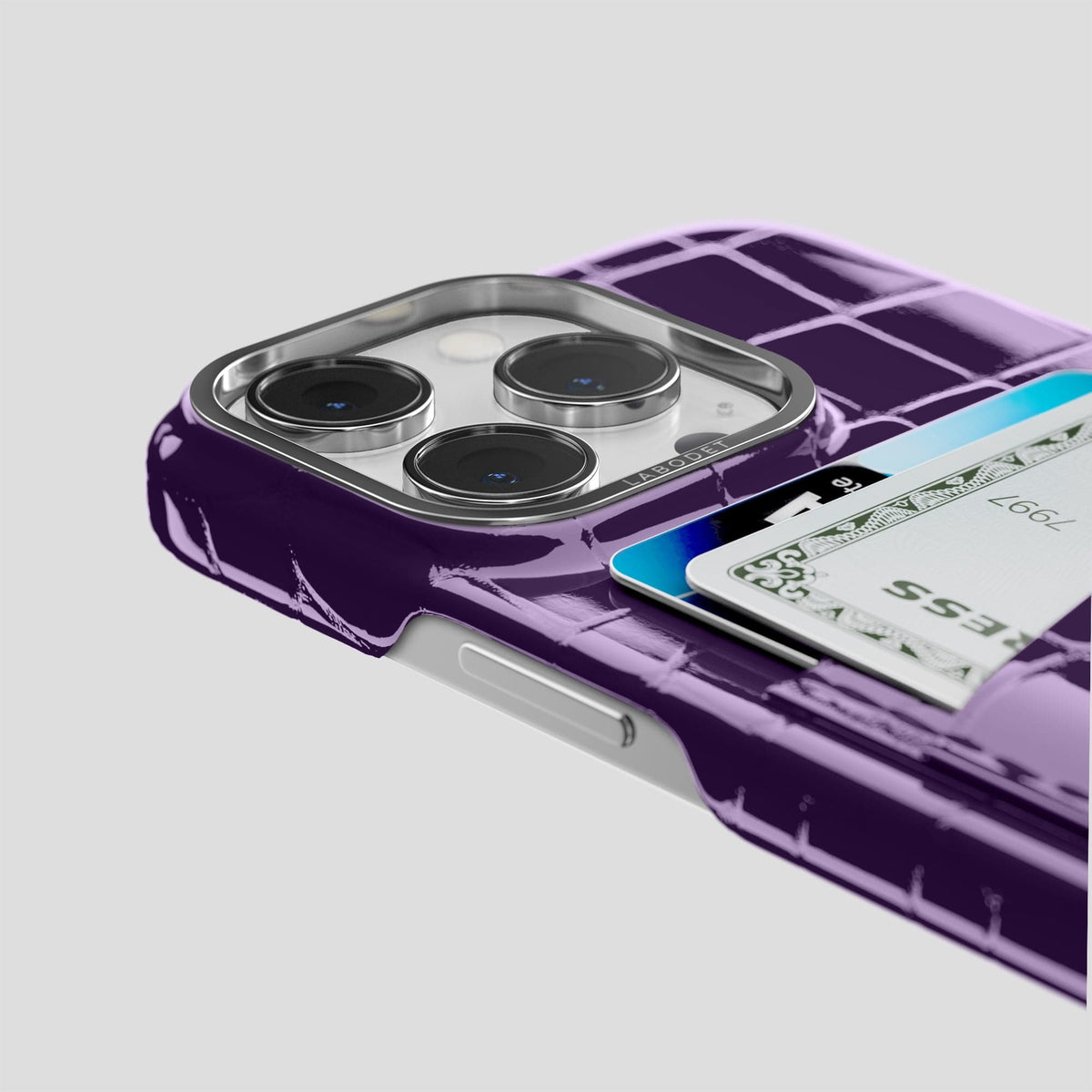Purple iPhone 13 Pro Double Card Case Shiny Alligator with Steel Metal -5 | Purple-Steel
