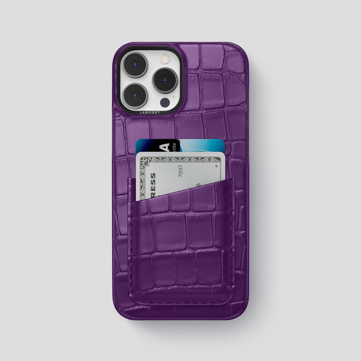 Purple iPhone 13 Pro Max Card Case Alligator with Black Metal -1 | Purple-Black