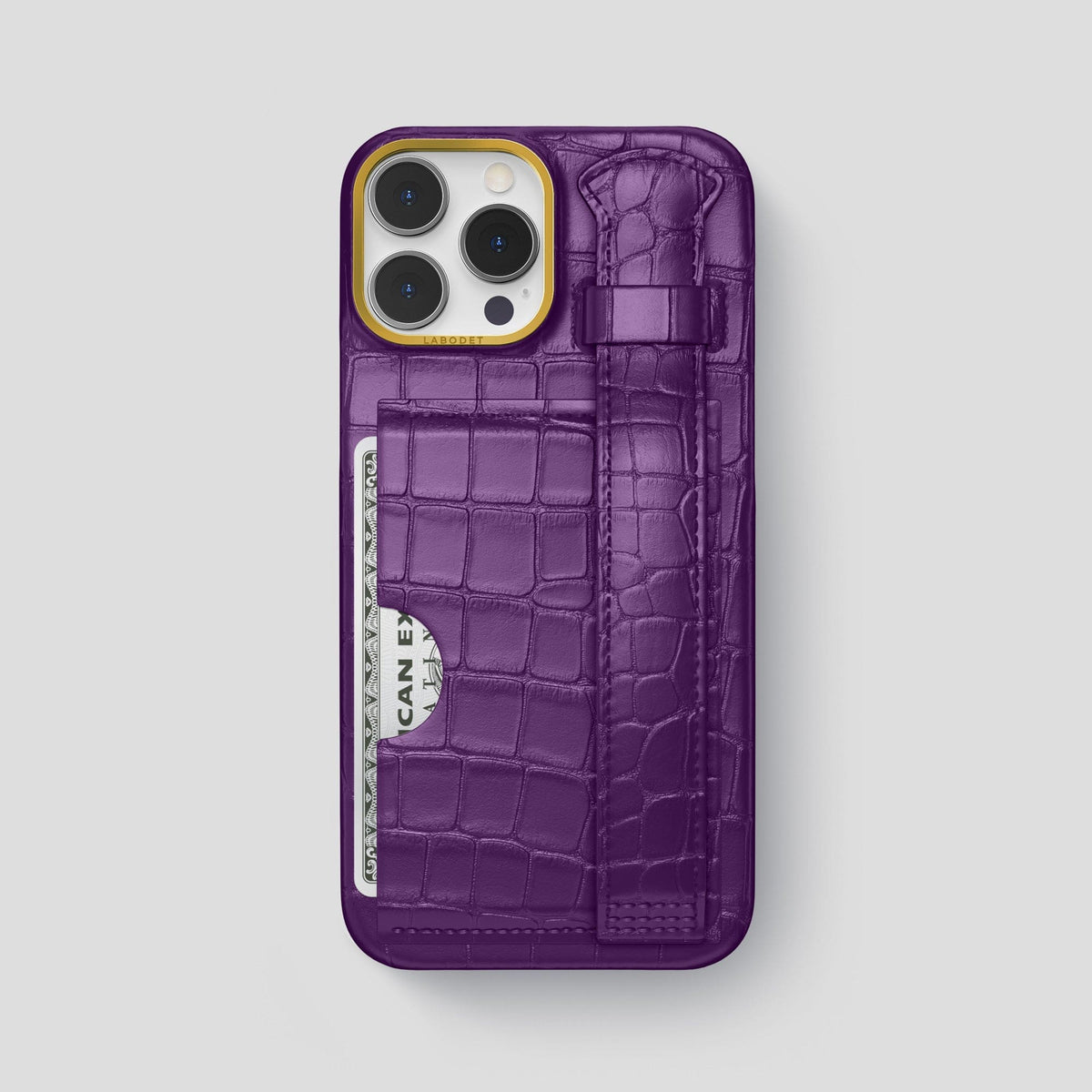 Purple iPhone 13 Pro Max Cardholder Strap Case Alligator with Gold Metal -1 | Purple-Gold