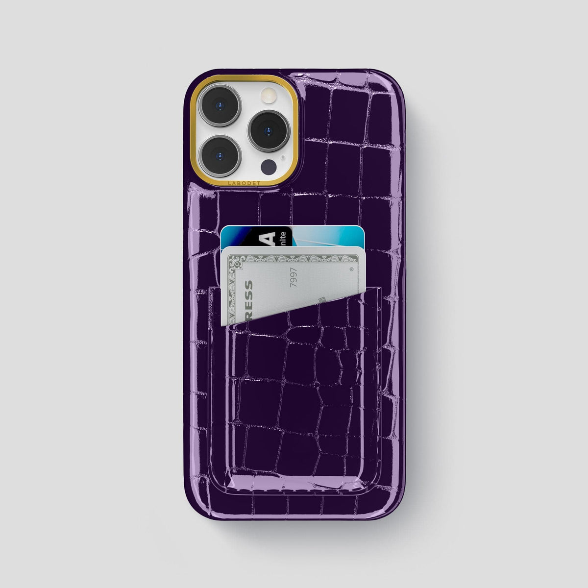 Purple iPhone 13 Pro Max Double Card Case Shiny Alligator with Gold Metal -1 | Purple-Gold