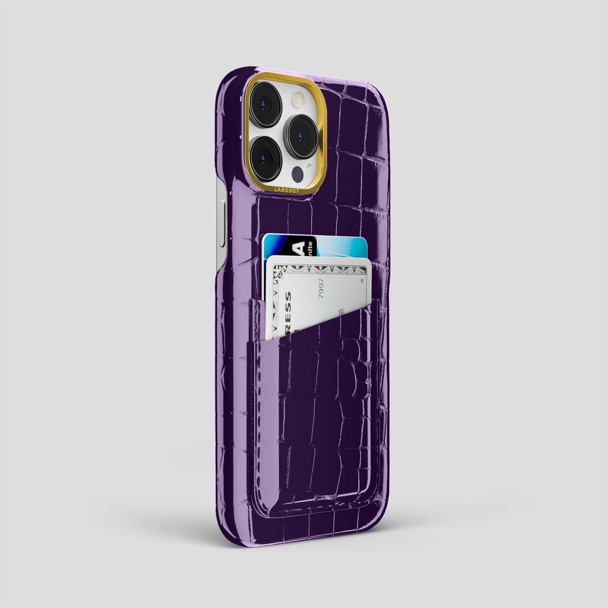 Purple iPhone 13 Pro Max Double Card Case Shiny Alligator with Gold Metal -2 | Purple-Gold