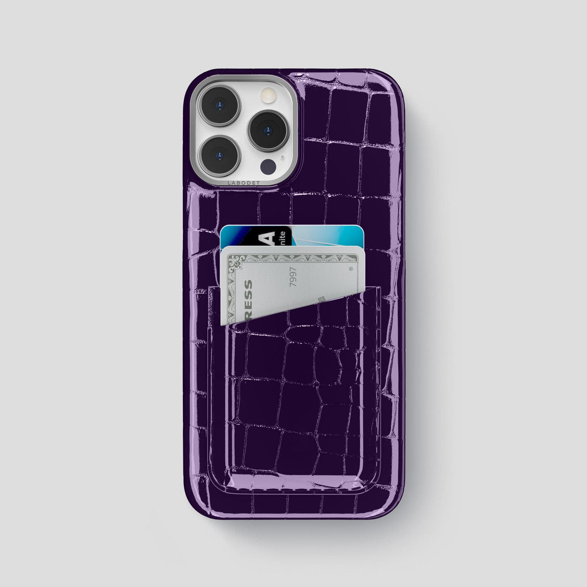 Purple iPhone 13 Pro Max Double Card Case Shiny Alligator with Steel Metal -1 | Purple-Steel