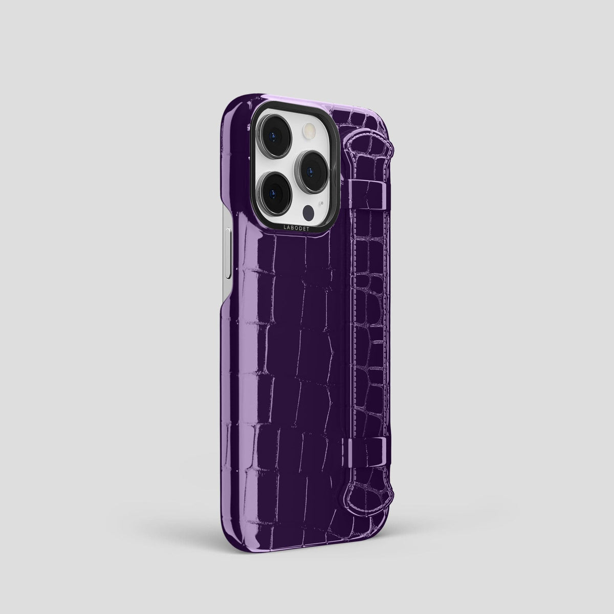Purple iPhone 13 Pro Strap Case Shiny Alligator with Black Metal -2 | Purple-Black