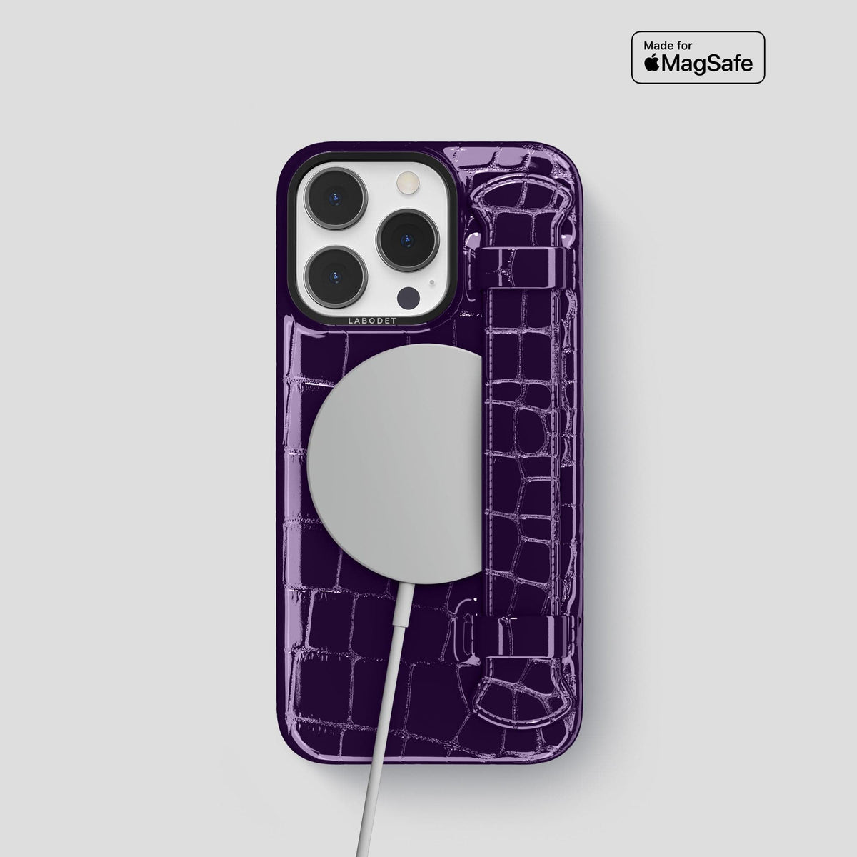 Purple iPhone 13 Pro Strap Case Shiny Alligator with Black Metal -5 | Purple-Black
