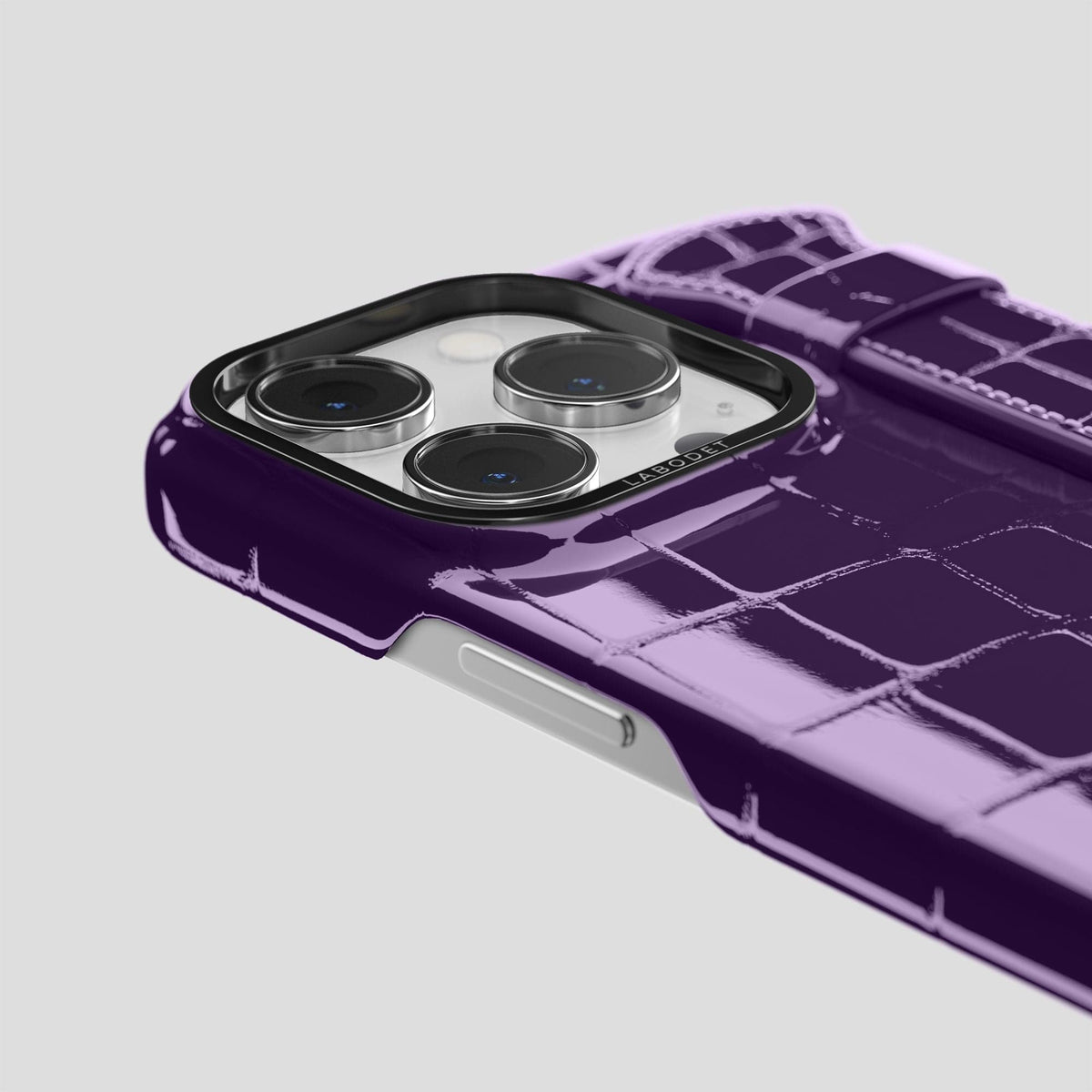Purple iPhone 13 Pro Strap Case Shiny Alligator with Black Metal -6 | Purple-Black