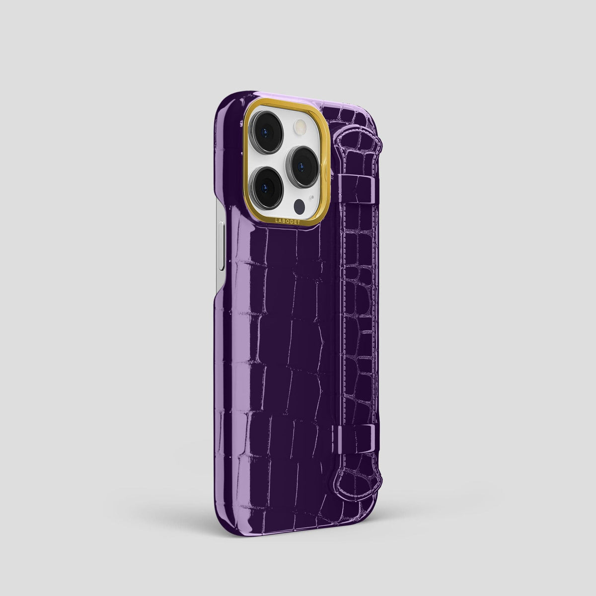 Purple iPhone 13 Pro Strap Case Shiny Alligator with Gold Metal -2 | Purple-Gold