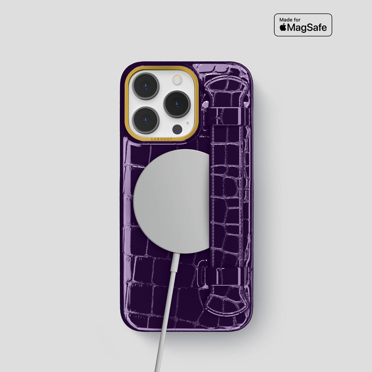 Purple iPhone 13 Pro Strap Case Shiny Alligator with Gold Metal -5 | Purple-Gold