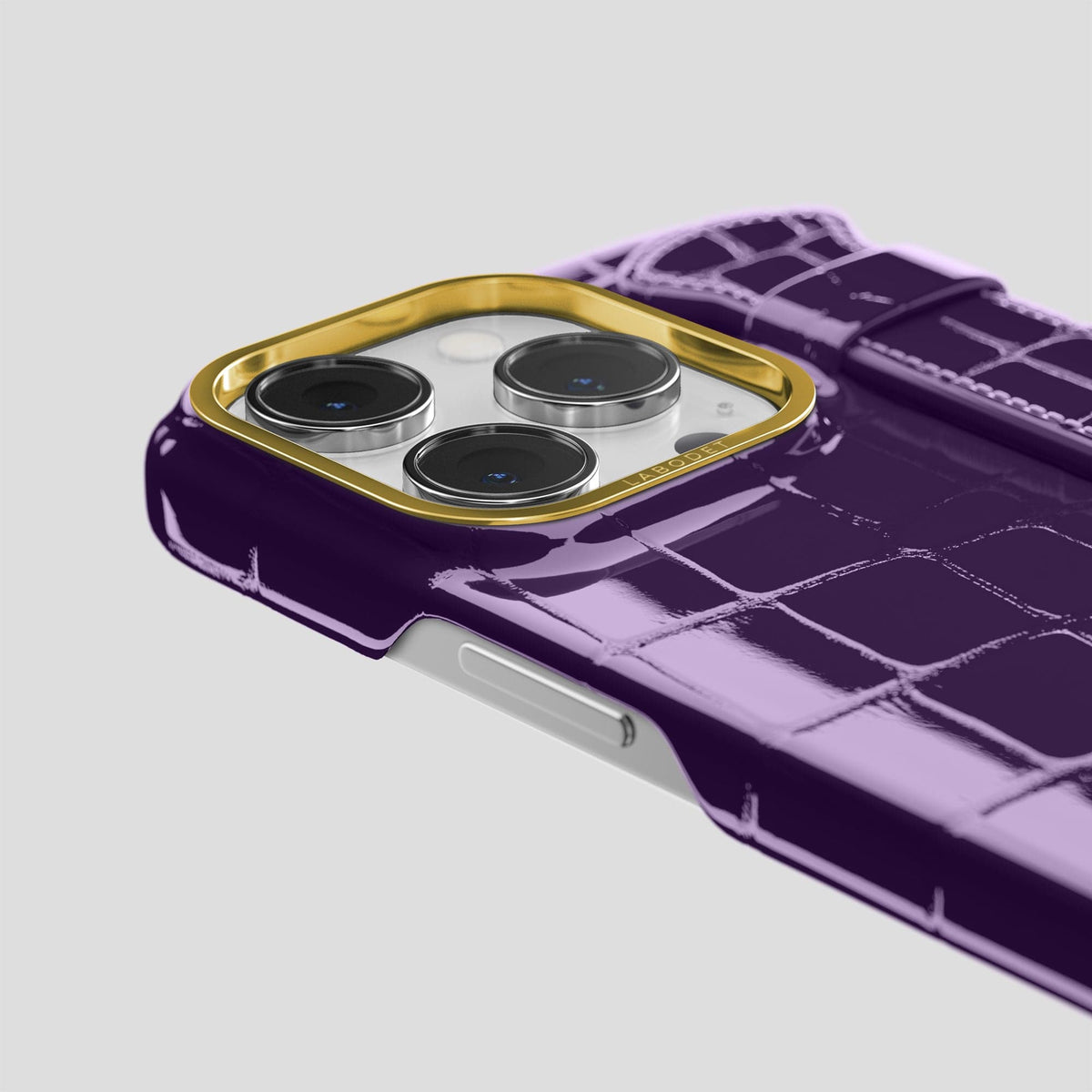 Purple iPhone 13 Pro Strap Case Shiny Alligator with Gold Metal -6 | Purple-Gold