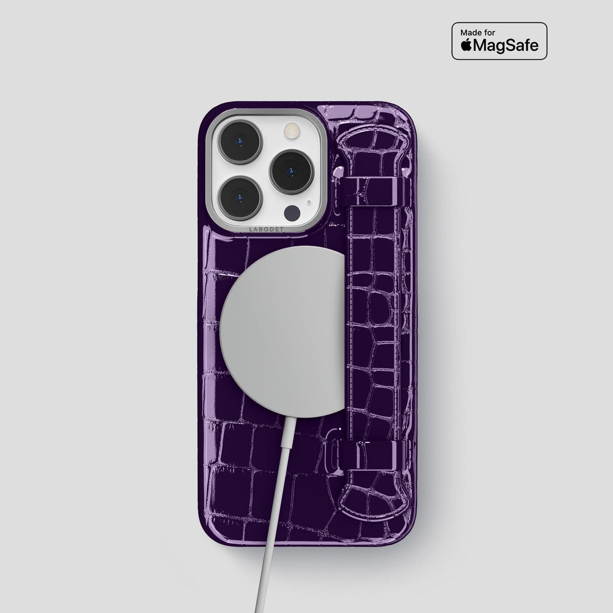 Purple iPhone 13 Pro Strap Case Shiny Alligator with Steel Metal -5 | Purple-Steel