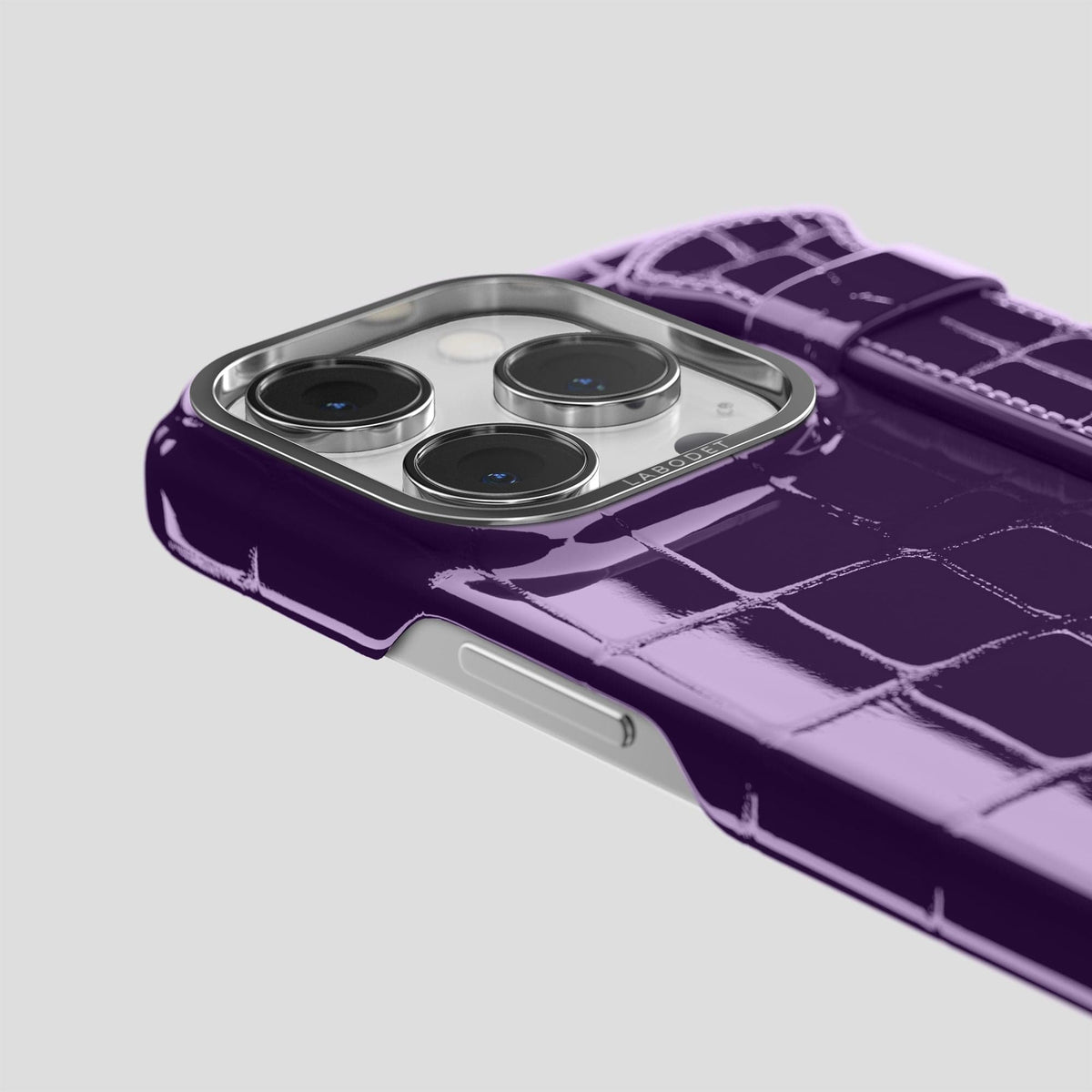 Purple iPhone 13 Pro Strap Case Shiny Alligator with Steel Metal -6 | Purple-Steel